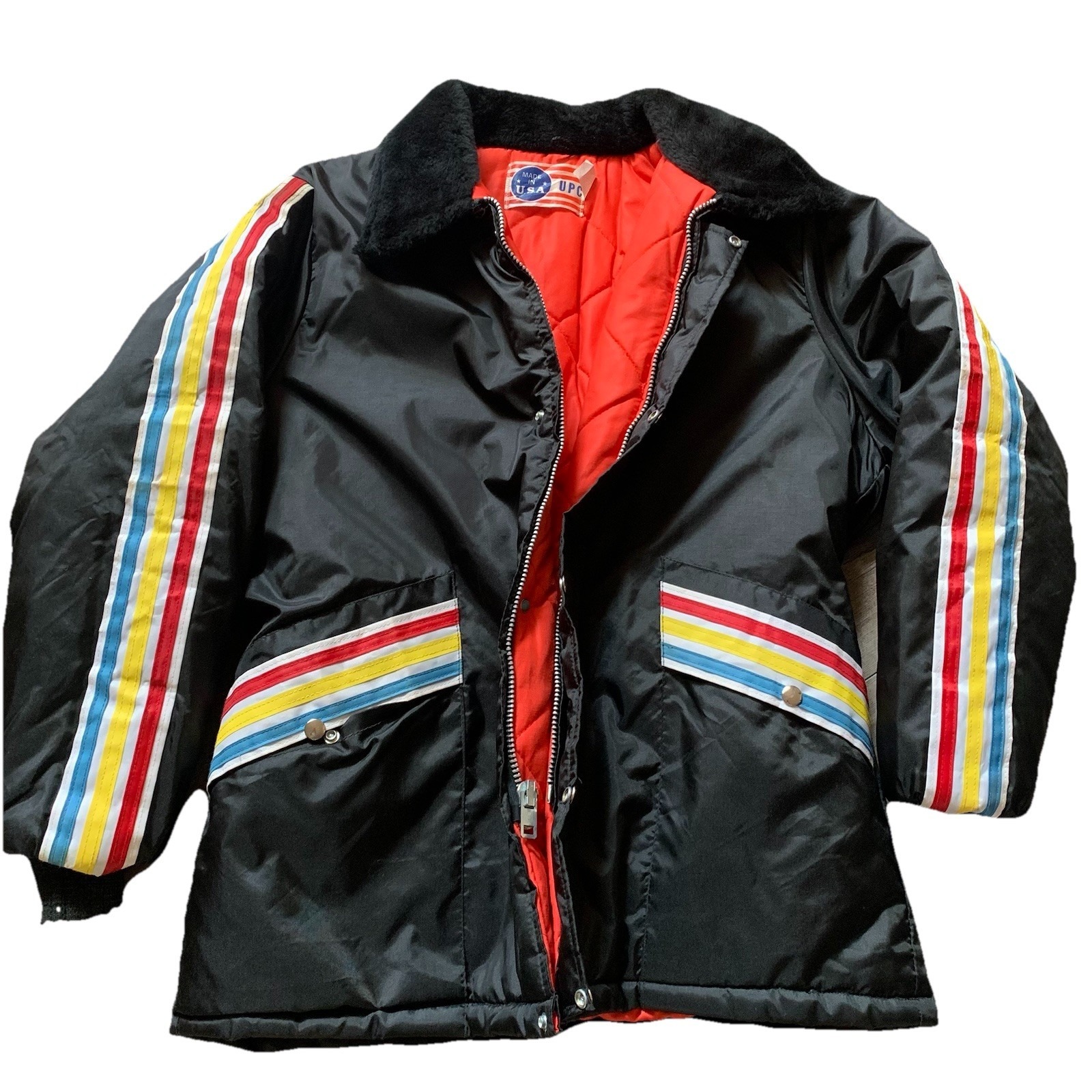 Vintage 1980s Upc Parka Coat Red Yellow Blue Stripes Usa Made Full Zipper Xl
